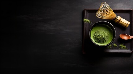 In a dark backdrop a plate with green matcha powder with bamboo spoon with a empty space, Generative AI.