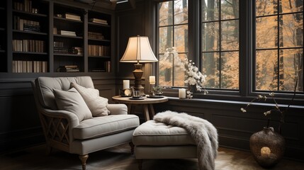 A cozy reading nook with pale ivory built-in bookshelves and a deep slate gray reading chair - obrazy, fototapety, plakaty