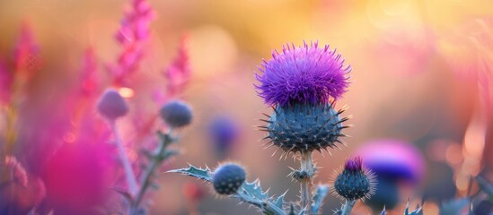 Macro photography of a purple thistle flower in a field showcasing its vibrant violet petals and pollen details
