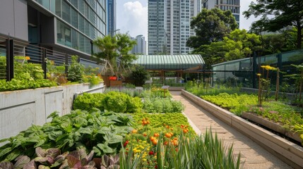A thriving urban community garden full of vegetables and greenery, nestled among high-rise buildings, showcasing the blend of nature and city life.