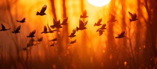 Majestic flock of birds gracefully soaring in vibrant sunset sky