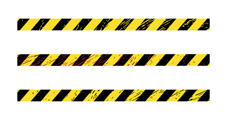 Do not go beyond the black and yellow tape. Criminal case, blood, police, witnesses. Seamless tape with texture. Element for your design on an isolated background. - obrazy, fototapety, plakaty