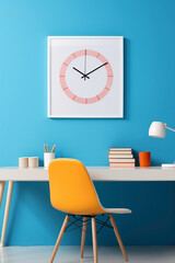 A simple office mockup with a clean, white work desk, a pop of vibrant blue in the chair, and a colorful wall clock.