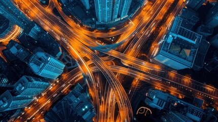 Aerial top view of a illuminated multilevel junction ring road motorway interchange with car traffic during night time - 740454286