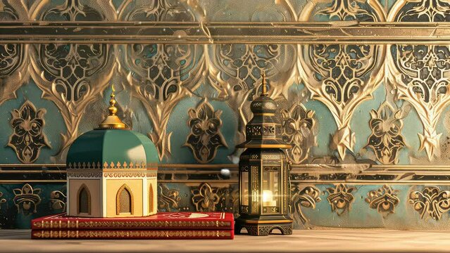 Animation of the koran and miniature mosque with islamic background seamless 4k video background. generated with ai