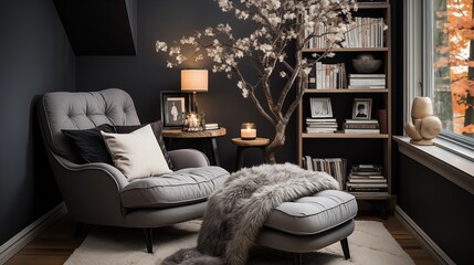 A cozy reading nook with soft dove built-in bookshelves and a dark velvet reading chair - obrazy, fototapety, plakaty
