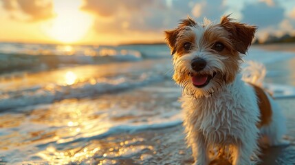A portrait of happy dog on the beach. - obrazy, fototapety, plakaty