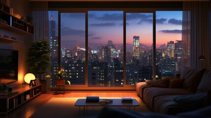 Plakat Loft contemporary interior apartments with city skyline and buildings city from glass window