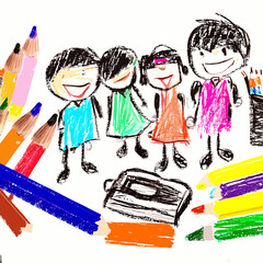 children smiling with childish drawing