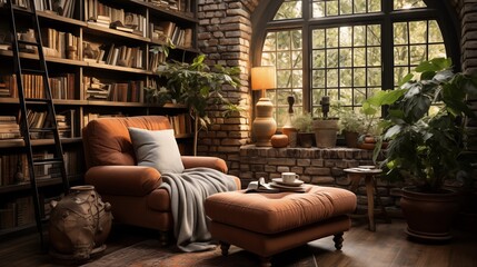 A cozy reading nook with soft terracotta built-in bookshelves and a dark brick reading chair - obrazy, fototapety, plakaty