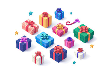 Birthday Gift Boxes Concept: Presents and Surprises for Annual Holidays and Festivals.Cartoon Isometric Illustration Isolated on White Background.