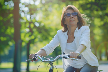 Obraz premium Portrait of a middle-aged woman riding a bicycle in the park.