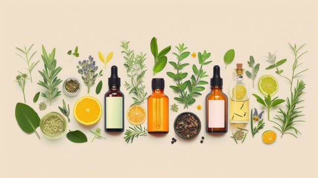 Aroma essential oil. Top view dropper bottle among colourful dried flowers, medicinal herbs variety. Natural cosmetic and skincare, herbal miscellany
