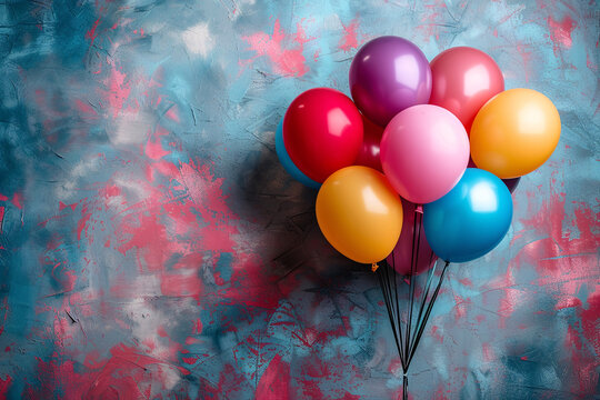 birthday party balloons, colourful balloons background and birthday cake with candles	
