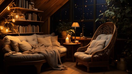 A cozy reading nook with subtle petal built-in bookshelves and a midnight moon reading chair - obrazy, fototapety, plakaty