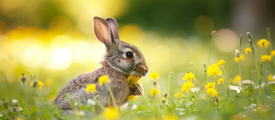 A wood rabbit is happily sitting among the yellow flowers in a natural landscape, its ears perked up in the serene surroundings
