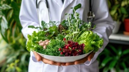 Healthy lifestyle, food concept. Doctor with stethoscope holding fresh vegetables salad