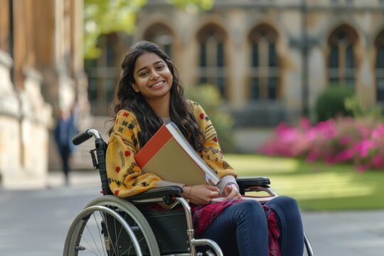 A young smiling female student with disability sitting in wheelchair in a college campus