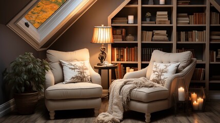 A cozy reading nook with warm sand built-in bookshelves and a deep mahogany reading chair