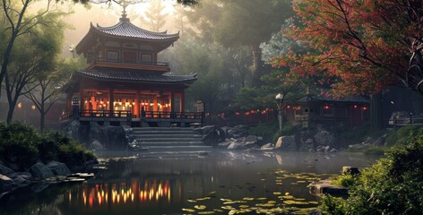 Ancient asian castle with reflection on a pond