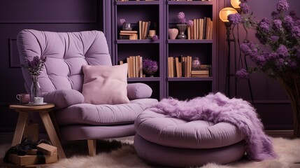 A cozy reading nook with whispering violet built-in bookshelves and a shadowed violet reading chair