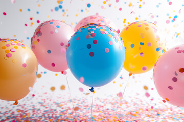Bright balloons and confetti on the floor celebrate a festive and joyful atmosphere.