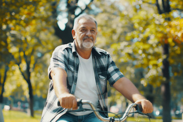 Portrait of a middle-aged man riding a bicycle in the park.