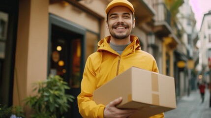 Delivery man in yellow uniform holding cardboard boxes with a friendly smile, ready for fast service