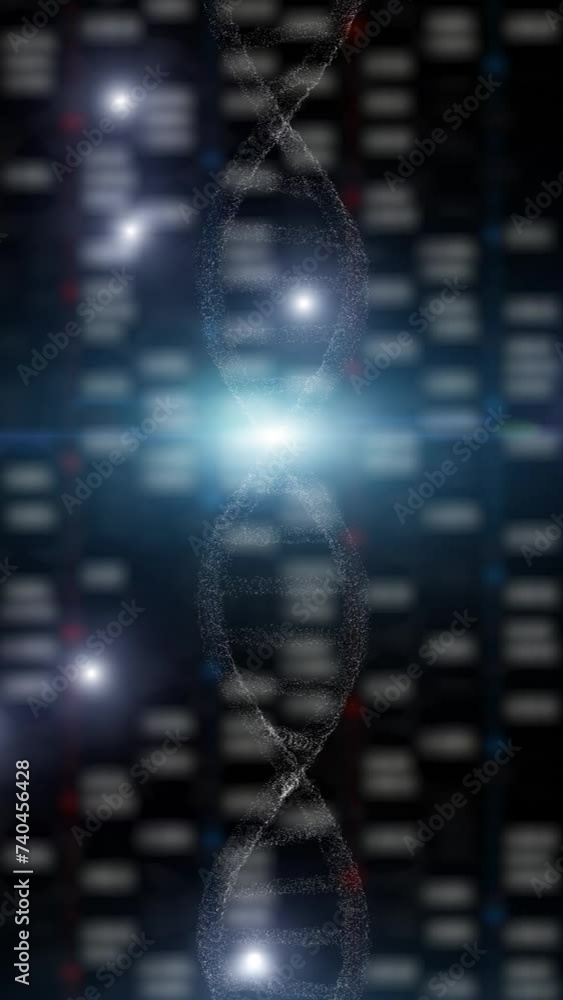Poster 3d dna chain rotation on blurred digital data vertical background.