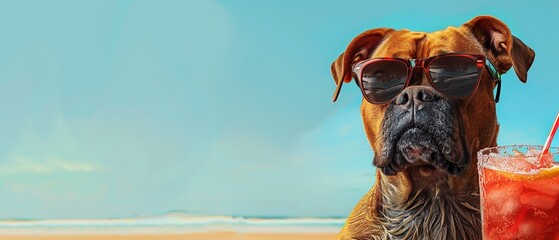 Portrait of a dog near sea shore drinking juice from glass in summer day with a big empty space, Generative AI.