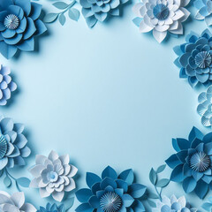 Beautiful blue paper flowers on a blue backdrop, ideal for creating greeting cards or adding text.