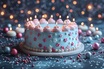 birthday party balloons, colourful balloons background and birthday cake with candles	