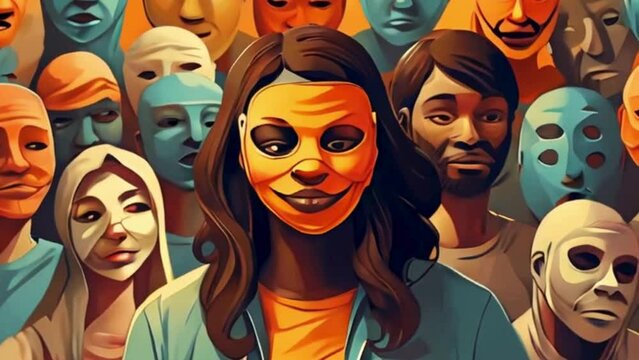 illustration of a person surrounded by many in masks, representing difficulty and challenges of people with multiple personality disorder (MPD), also known as dissociative identity disorder (DID)