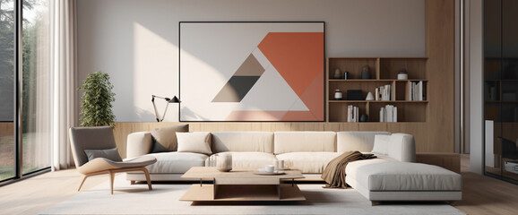 A sleek and stylish Scandinavian living room with a focus on geometric shapes, featuring a modular sofa, angular coffee table, and abstract artwork.