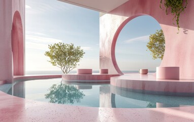 3D Mockup round podium in Abstract minimalistic concrete pink pool on a blue sky background