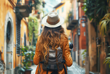 A traveler exploring narrow city alleys with a camera, discovering adventure and capturing urban beauty.
