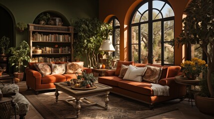 Fototapeta premium A Mediterranean-style living room with olive green walls and terracotta furnishings