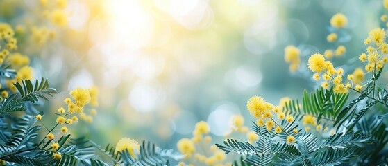 Beautiful green leaves and blooming mimosa trees in a spring park on a bright sunny day. Natural colorful background, banner with copy space. Generated AI