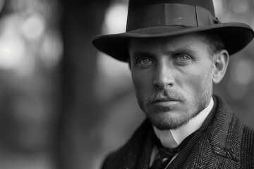 photo of a man wearing fedora hat in vintage wear, retro inspired