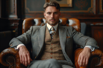 photo of a man wearing wintage wear sitting in armchair, retro inspired