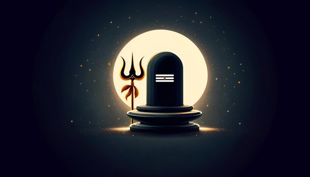 Illustration for maha shivratri with lingam and trident in the night with full moon.