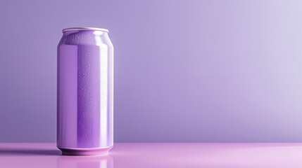 Portrait of a purple color drink can mockup in a clean and soft surface with a big empty space for text, Generative AI.