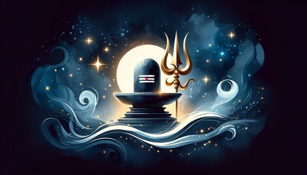 Watercolor style illustration banner for maha shivratri in the night with shiva lingam and a golden trident.