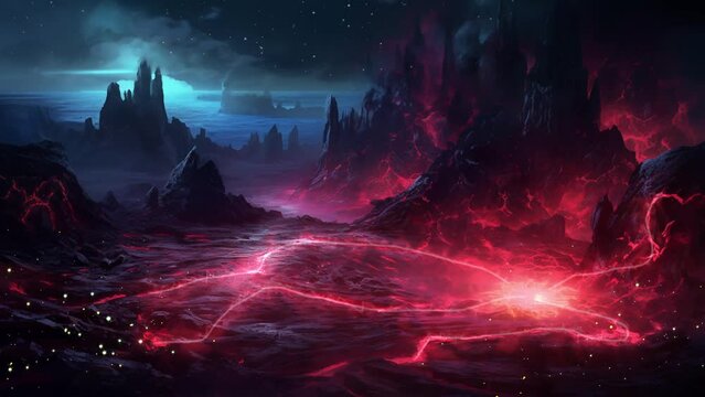 nature background illustration. volcanic landscape at night with lava rock. seamless looping overlay 4k virtual video animation background 