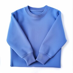 Blue trendy color crew-neck sweatshirt lying flat and folded on top of a white background