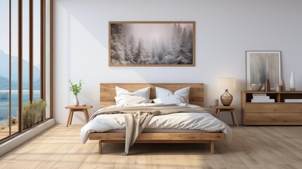 Fototapeta na wymiar A minimalist bedroom with crisp white walls and soft gray bedding