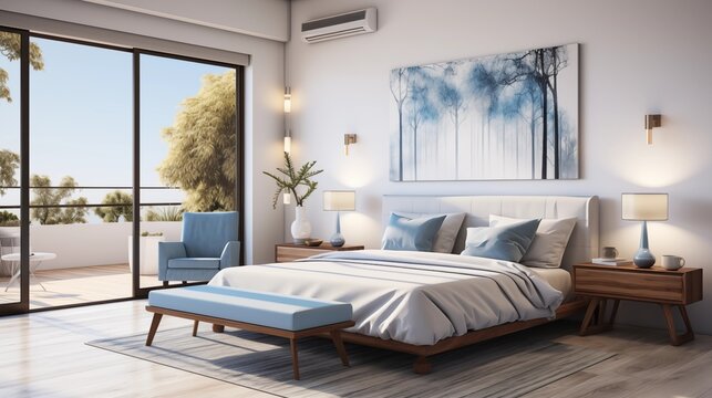 A minimalist bedroom with pure white walls and soft blue accents