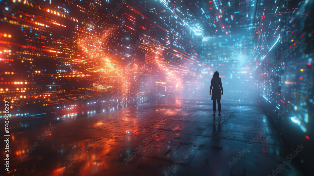 Poster a futuristic stock exchange floor bustling with traders and investors in a mixed reality space. virt