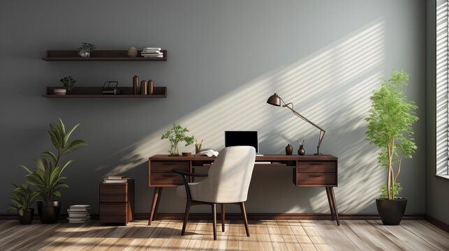 A minimalist home office space with light gray accent wall and rich espresso desk
