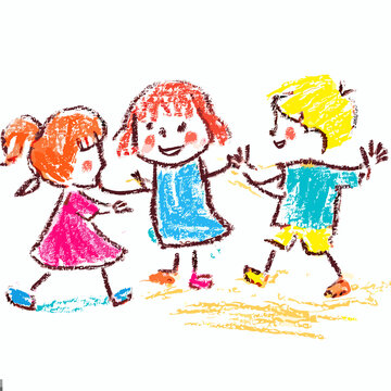 children playing together with crayons drawing style.